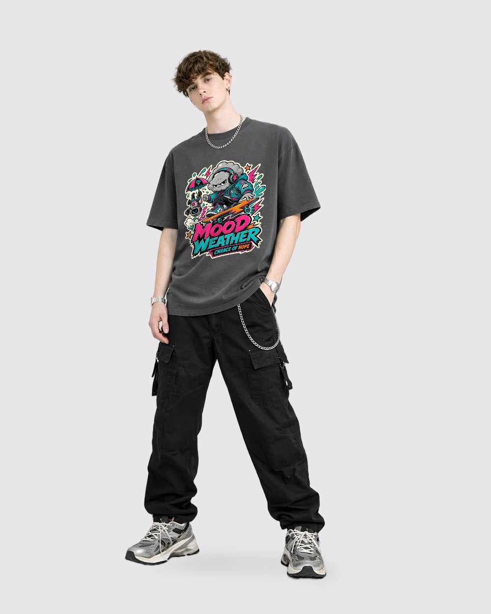 Mood Weather Chance of Nope Streetwear Graphic T-Shirt, full body fit view, image 2
