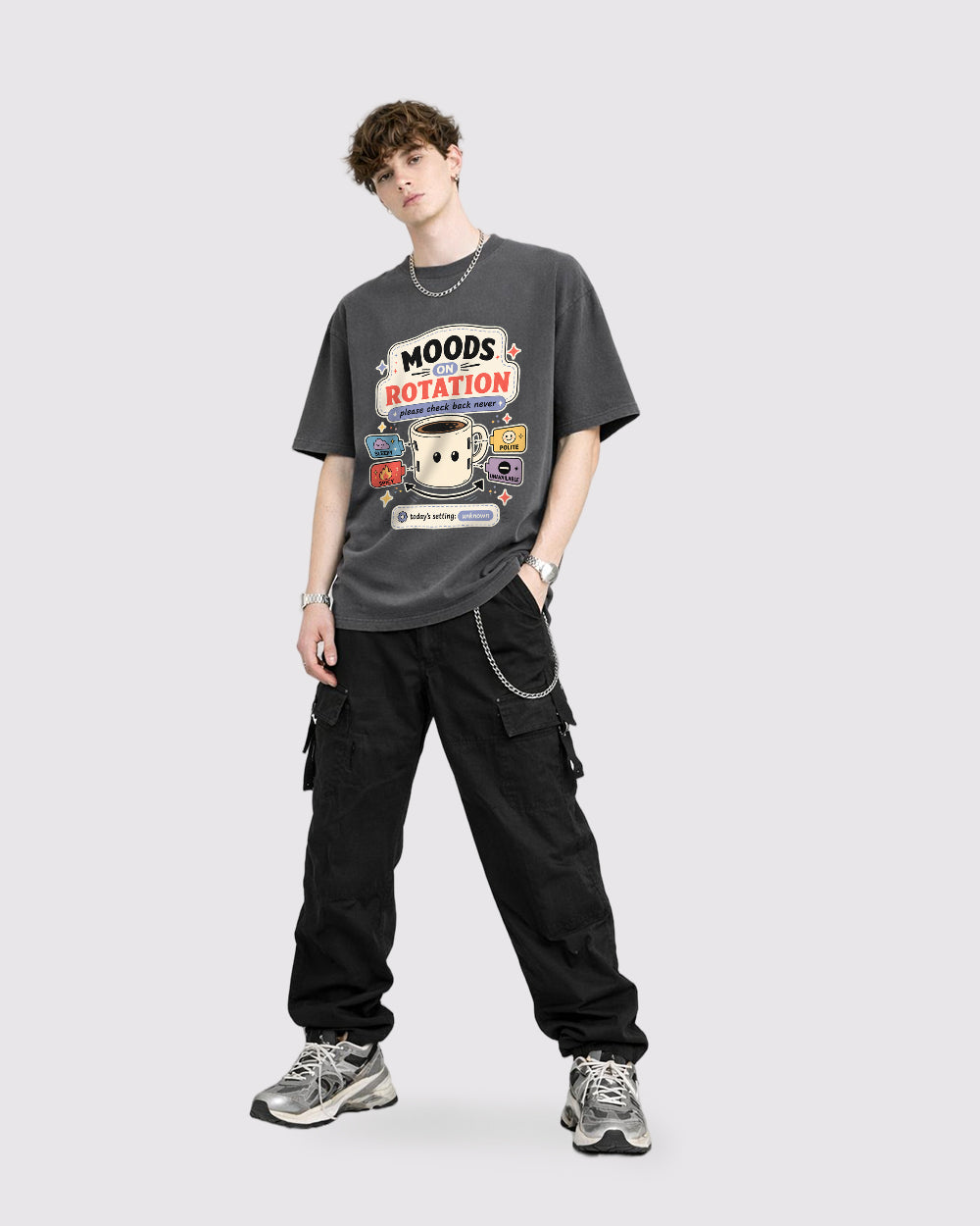 Moods on Rotation Polite Spicy Funny Graphic T-Shirt, full body fit view, image 2