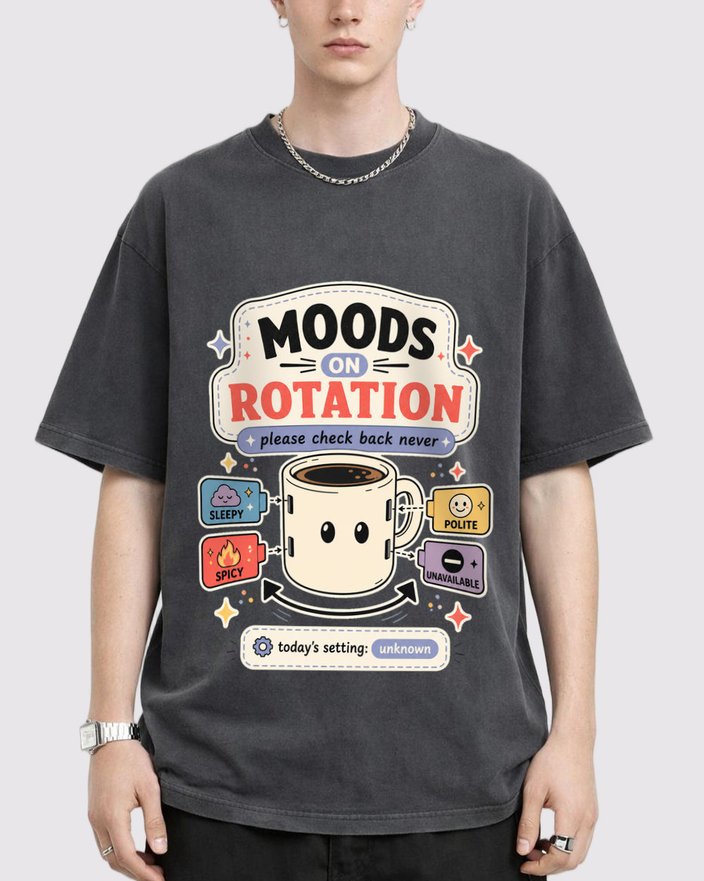 Moods on Rotation Polite Spicy Funny Graphic T-Shirt, primary front view, image 1