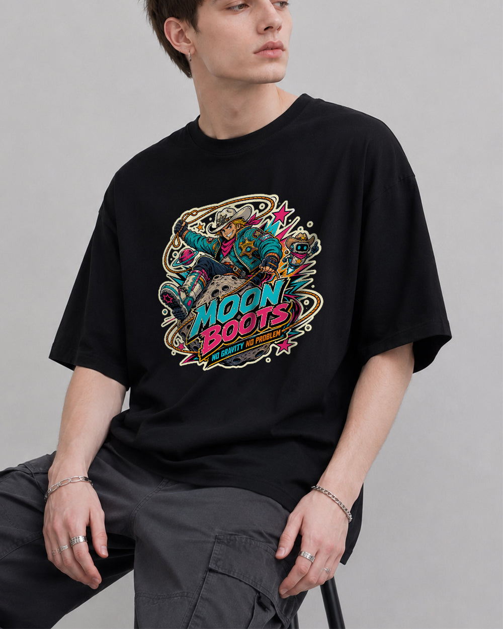 Moon Boots No Gravity No Problem Streetwear Graphic T-Shirt in Black, front model view 1