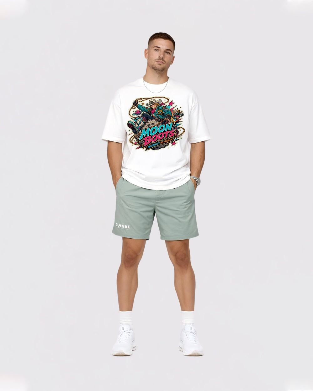 Moon Boots No Gravity No Problem Streetwear Graphic T-Shirt, full body fit view, image 2