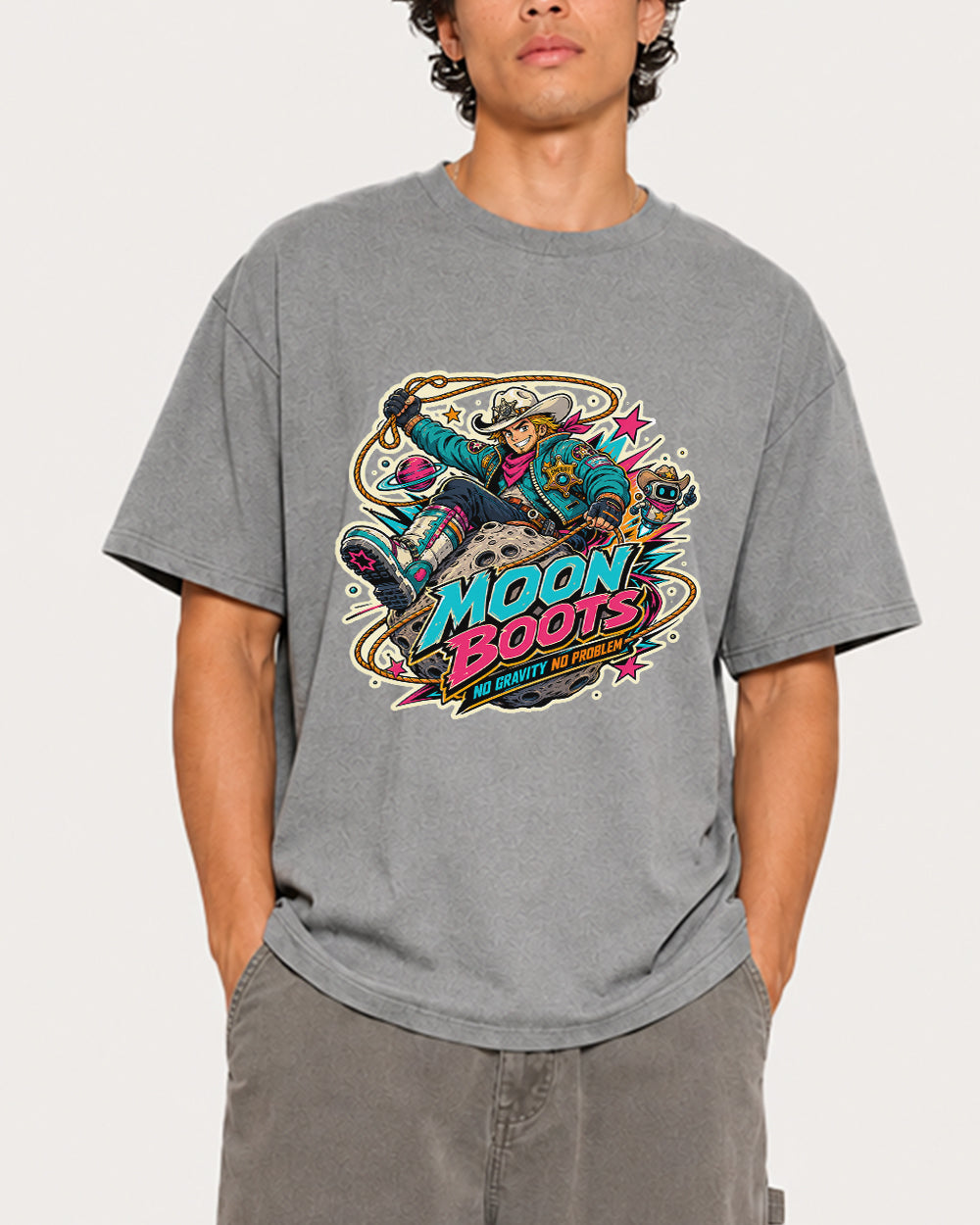 Moon Boots No Gravity No Problem Streetwear Graphic T-Shirt in Gray, front model view 3
