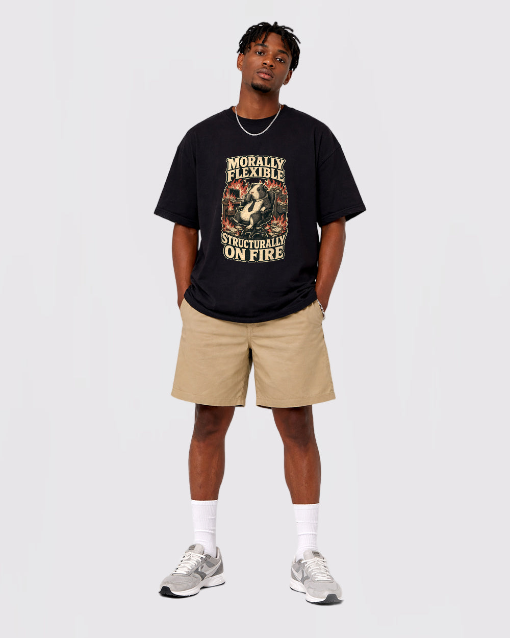 Morally Flexible Structurally on Fire Animal Graphic T-Shirt, full body fit view, image 2