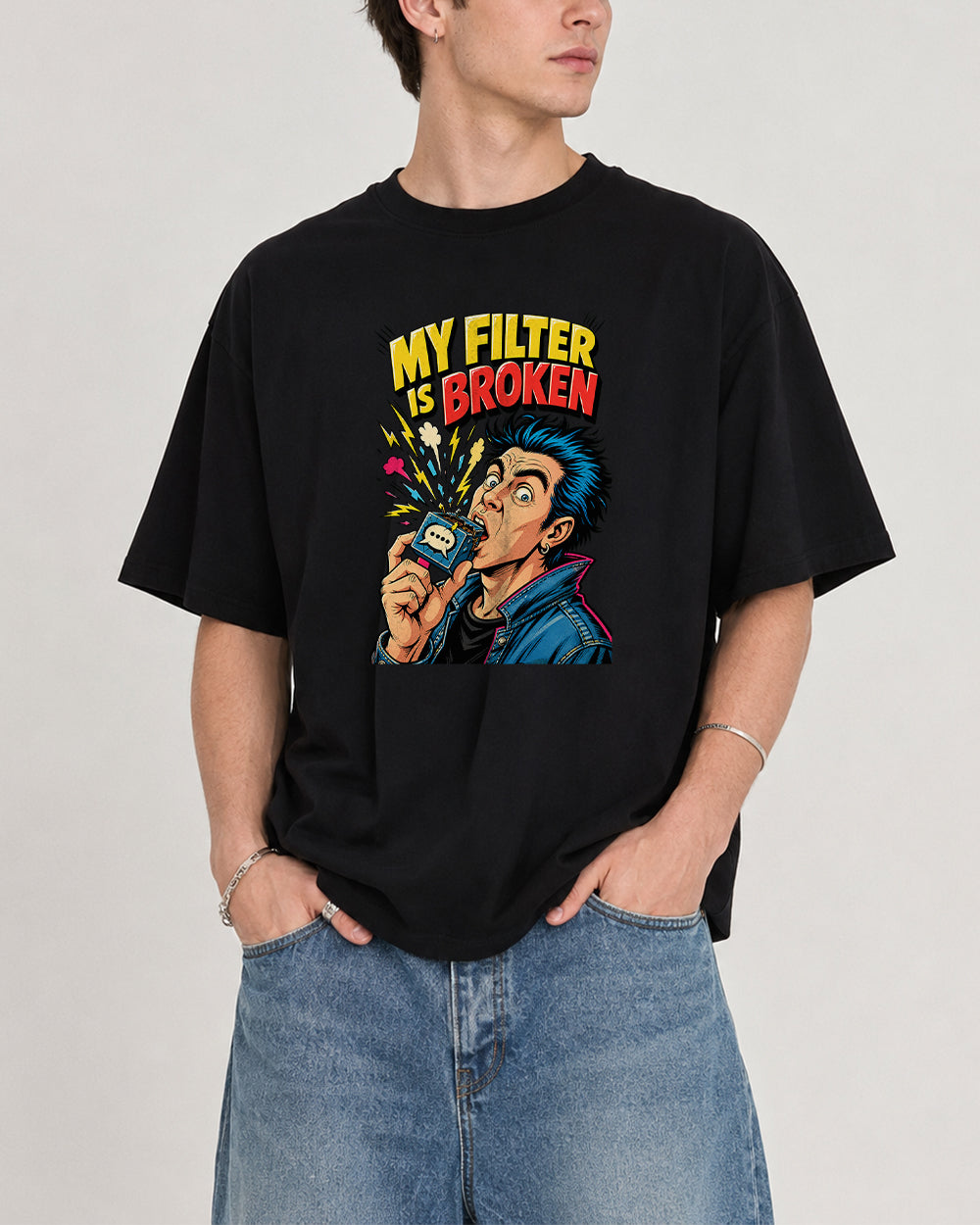 My Filter Is Broken Pop Art Retro Graphic T-Shirt in Black, front model view 1
