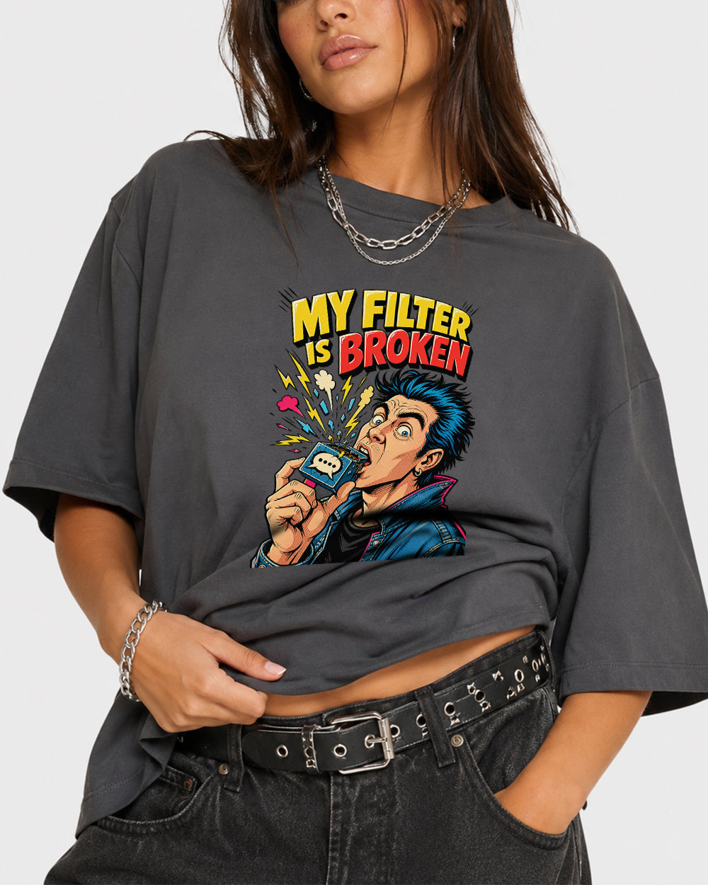 My Filter Is Broken Pop Art Retro Graphic T-Shirt in Gray, front model view 3
