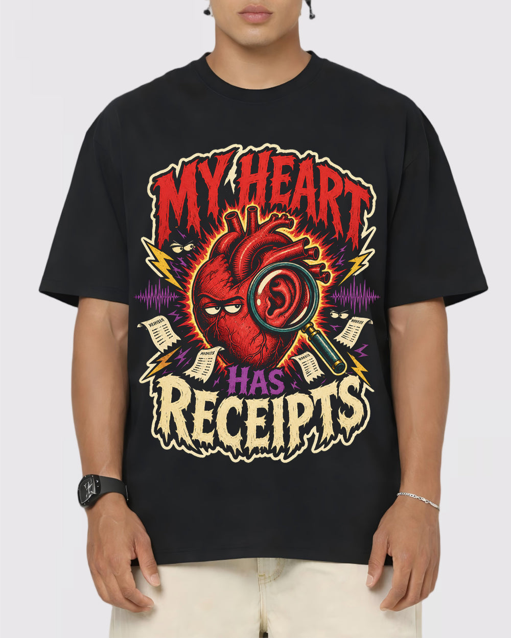 My Heart Has Receipts Funny Graphic T-Shirt, primary front view, image 1