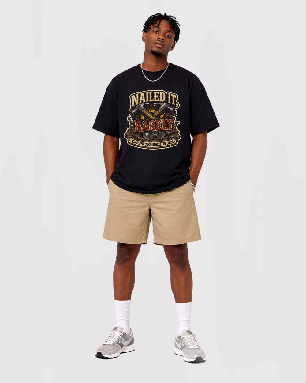 Nailed It, Barely Retro Graphic T-Shirt, full body fit view, image 2