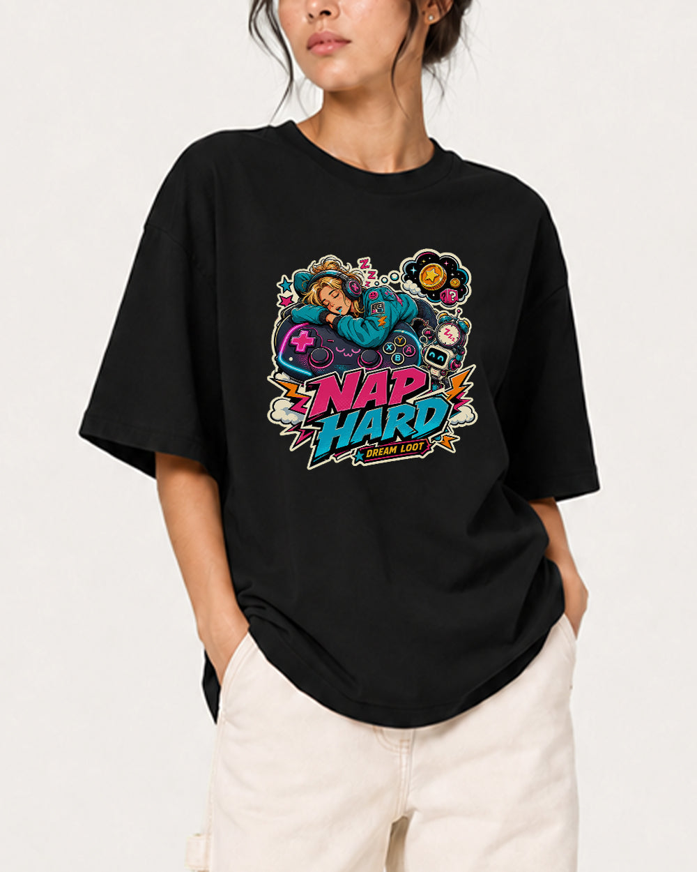 Nap Hard Dream Loot Streetwear Graphic T-Shirt in Black, front model view 2