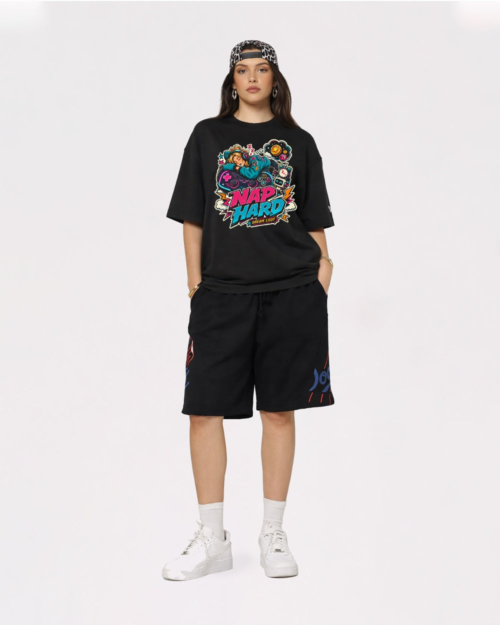 Nap Hard Dream Loot Streetwear Graphic T-Shirt, full body fit view, image 2