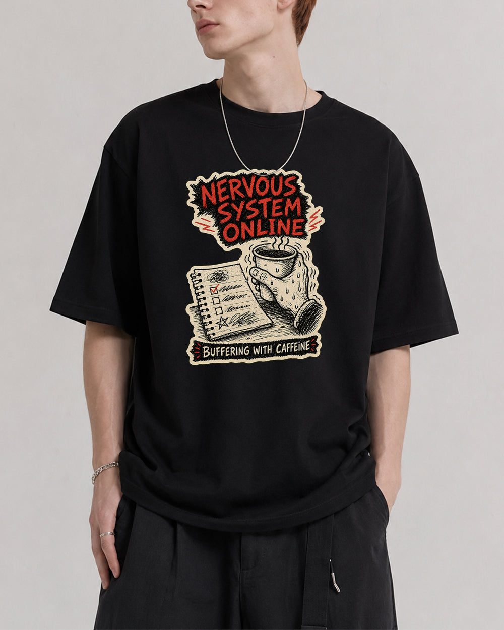 Nervous System Online, Buffering Pop Culture Graphic T-Shirt in Black, front model view 1