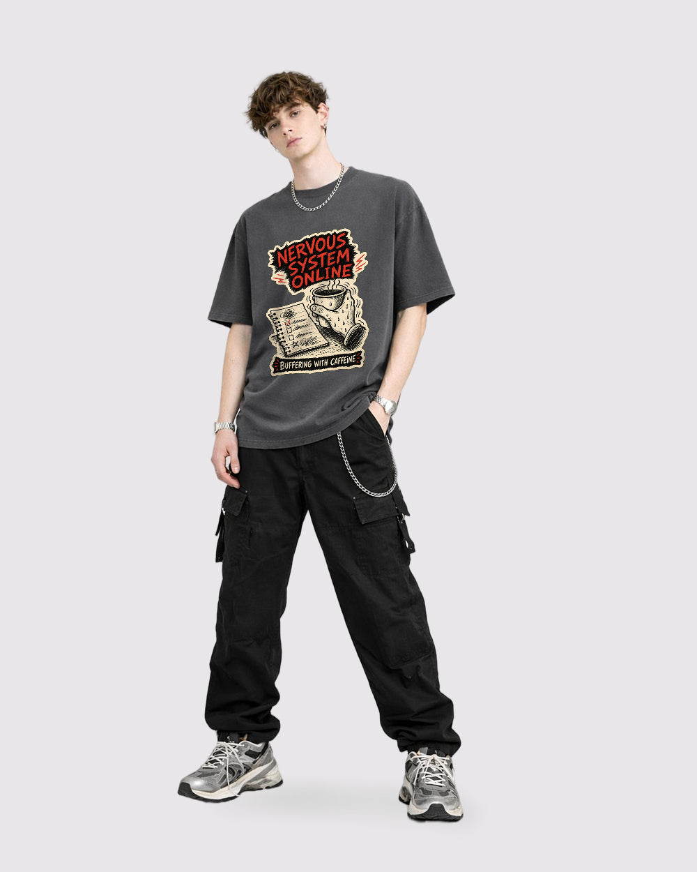 Nervous System Online, Buffering Pop Culture Graphic T-Shirt, full body fit view, image 2