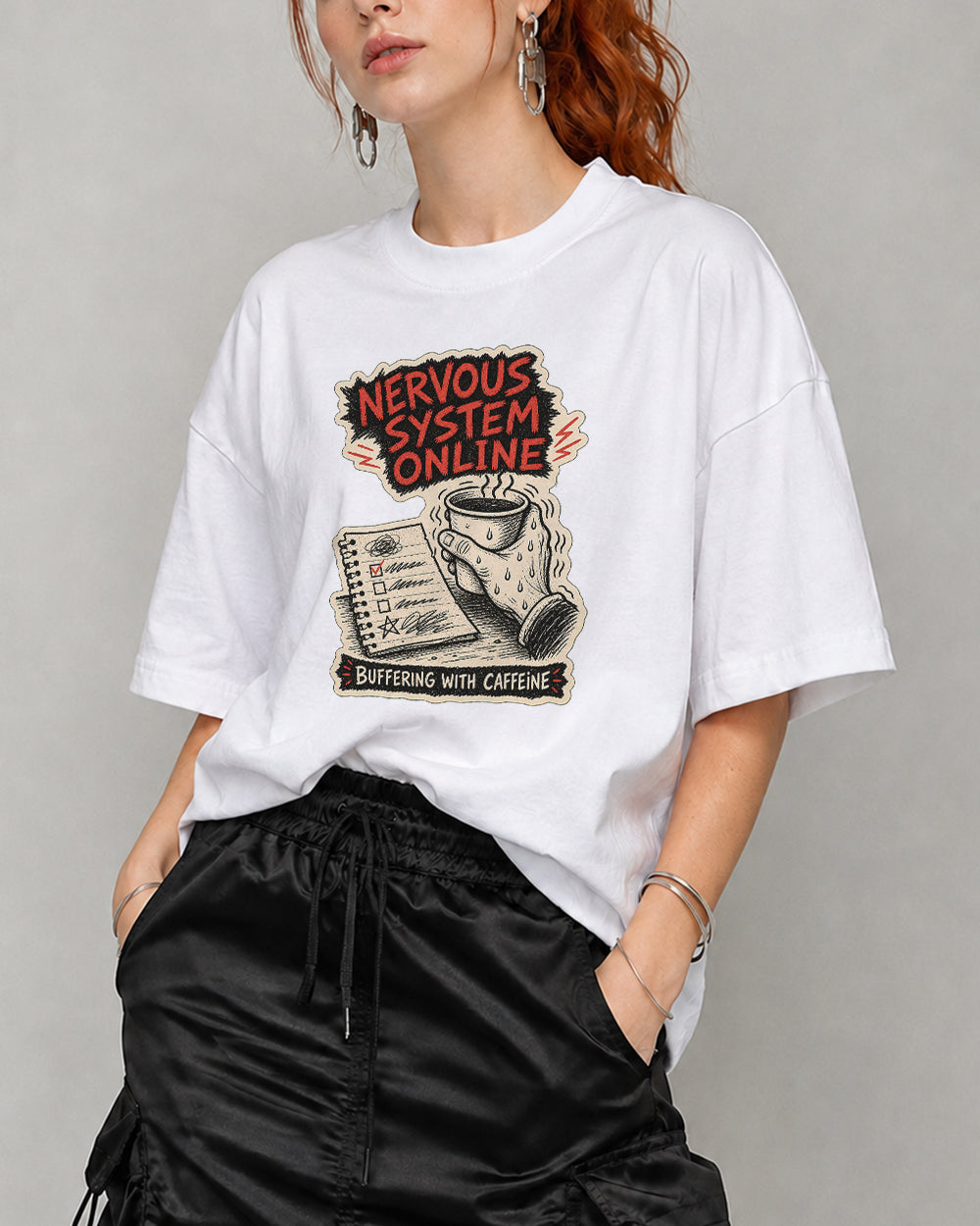 Nervous System Online, Buffering Pop Culture Graphic T-Shirt in White, front model view 7