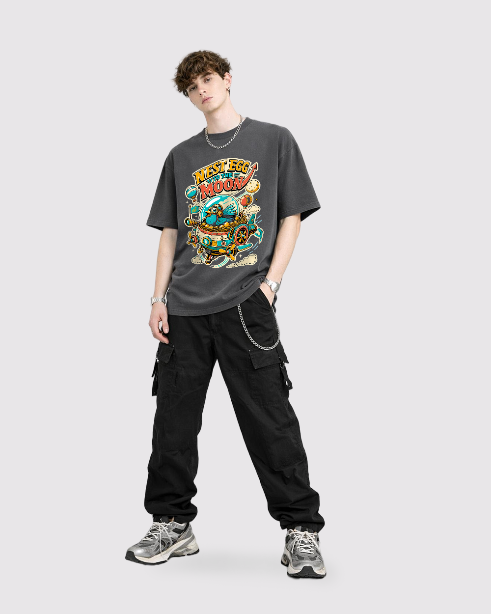 Nest Egg To The Moon Retro Graphic T-Shirt, full body fit view, image 2