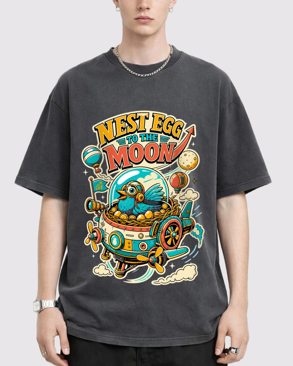 Nest Egg To The Moon Retro Graphic T-Shirt, primary front view, image 1