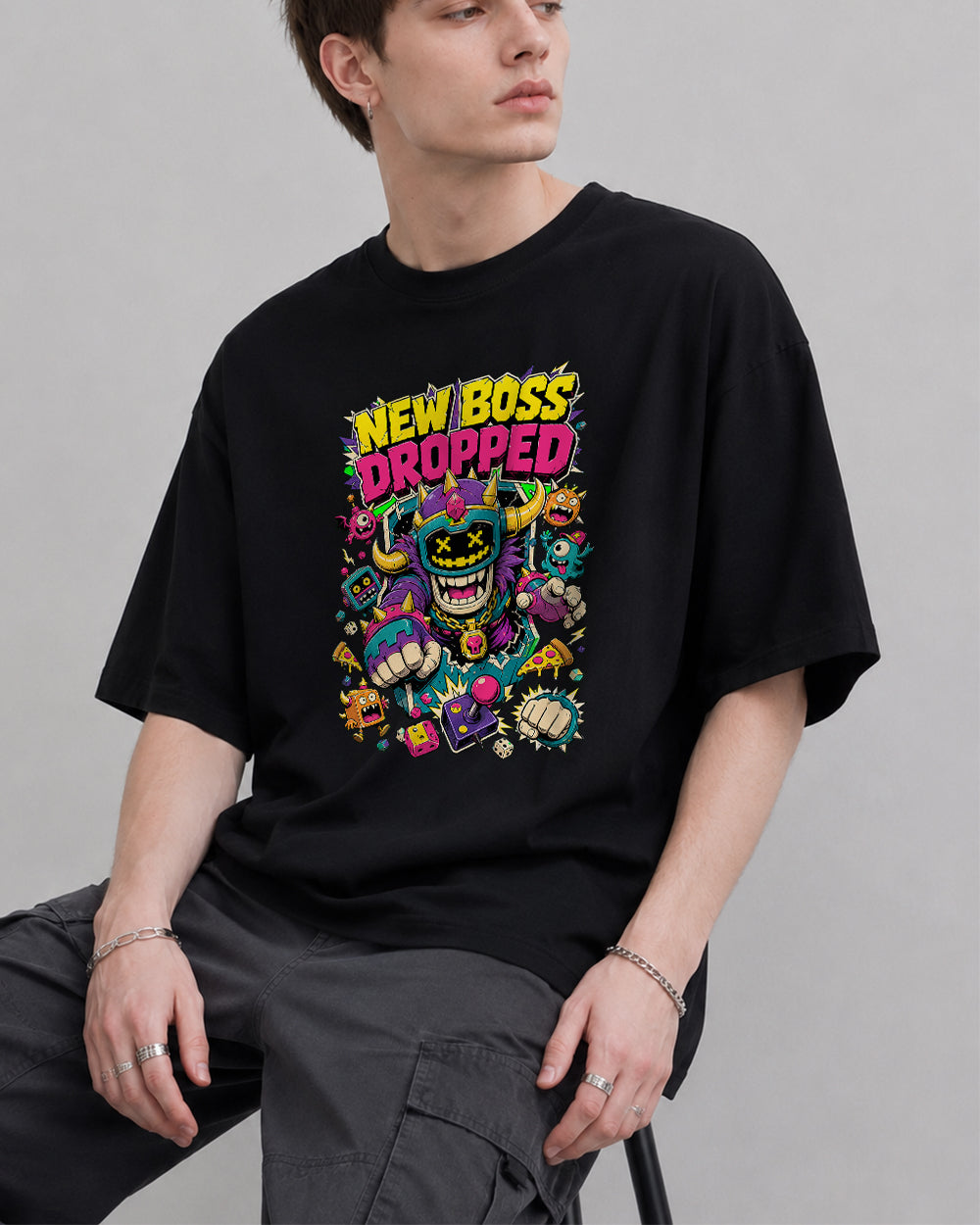 New Boss Dropped Retro Graphic T-Shirt in Black, front model view 1