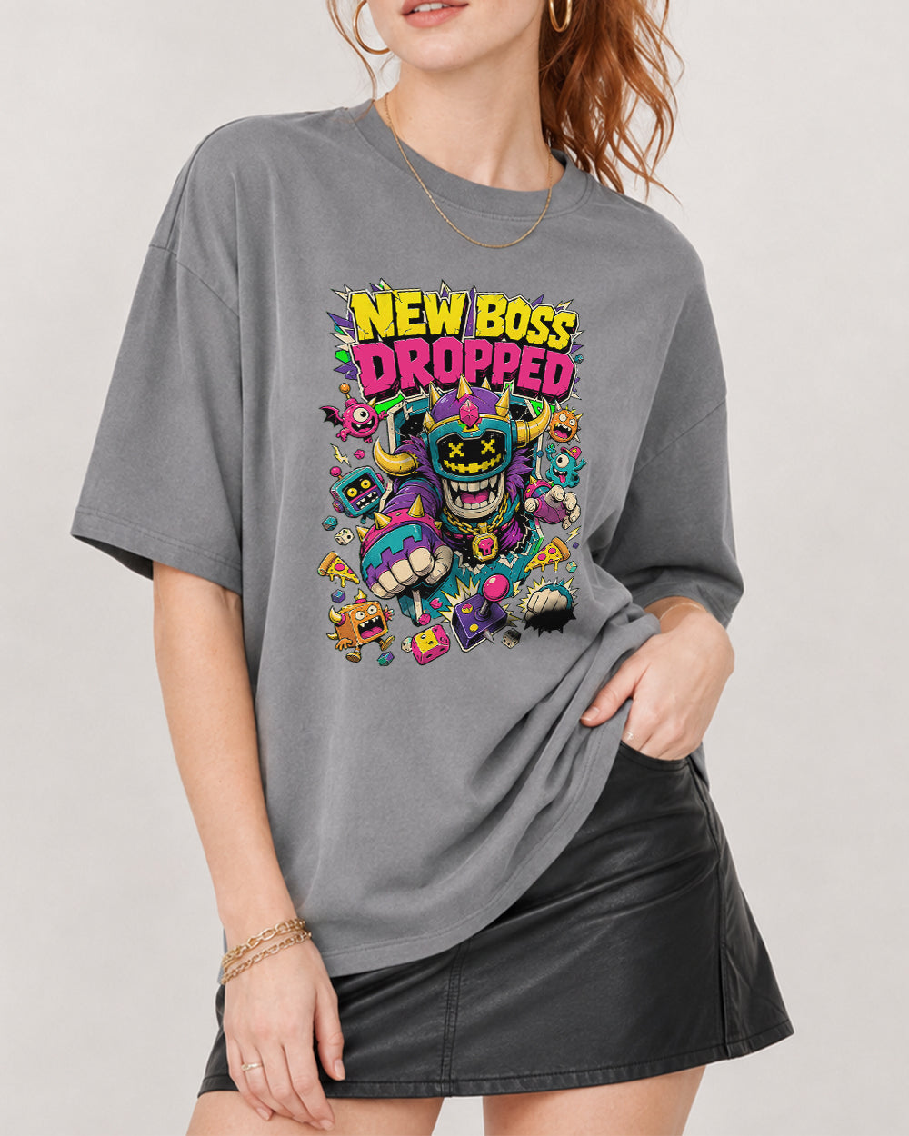 New Boss Dropped Retro Graphic T-Shirt in Gray, front model view 3