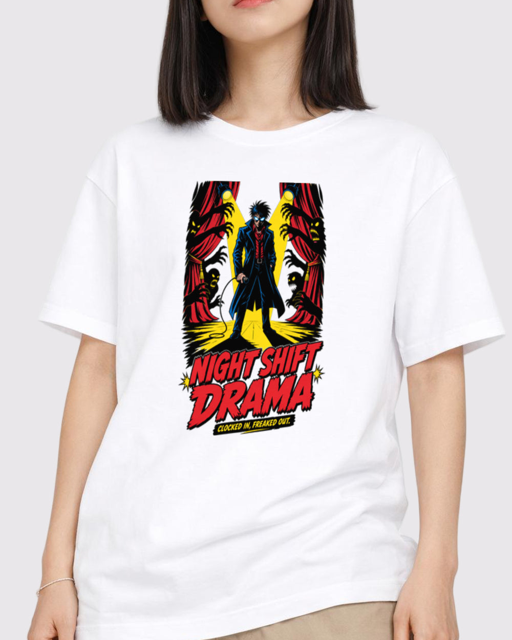 Night Shift Drama Clocked in Freaked Out Dark Graphic T-Shirt, primary front view, image 1