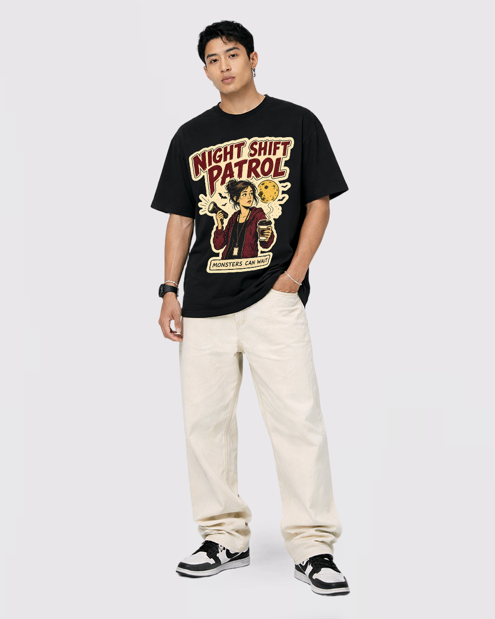 Night Shift Patrol Monsters Can Wait Retro Graphic T-Shirt, full body fit view, image 2