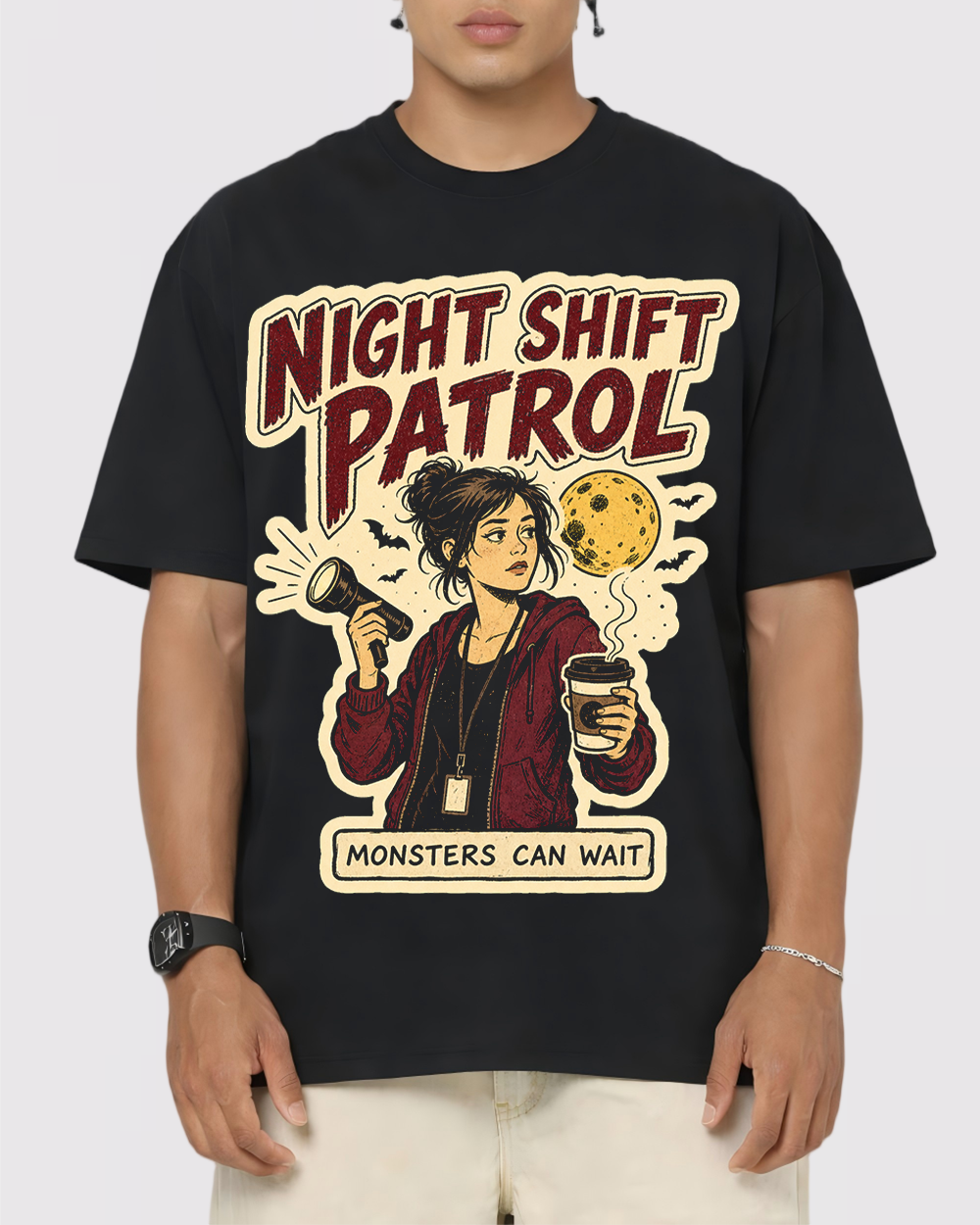 Night Shift Patrol Monsters Can Wait Retro Graphic T-Shirt, primary front view, image 1