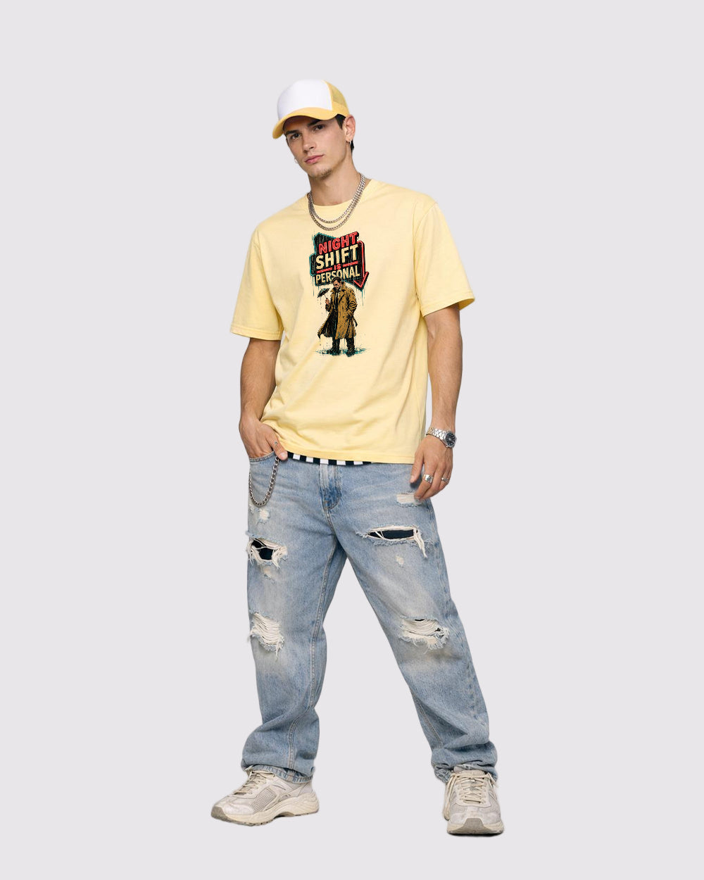 Night Shift Personnel Dark Graphic T-Shirt, full body fit view, image 2
