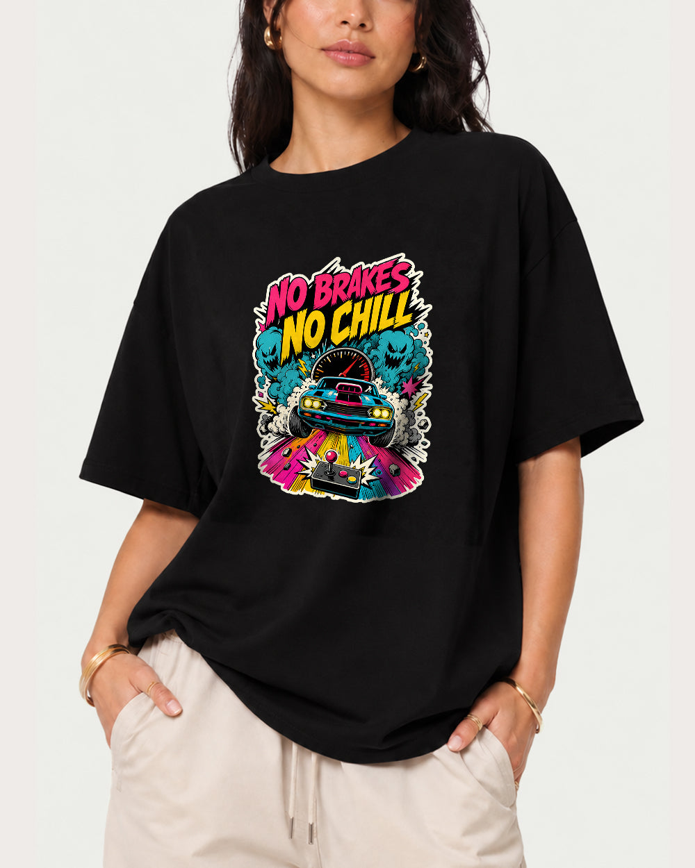 No Brakes No Chill Streetwear Graphic T-Shirt in Black, front model view 1