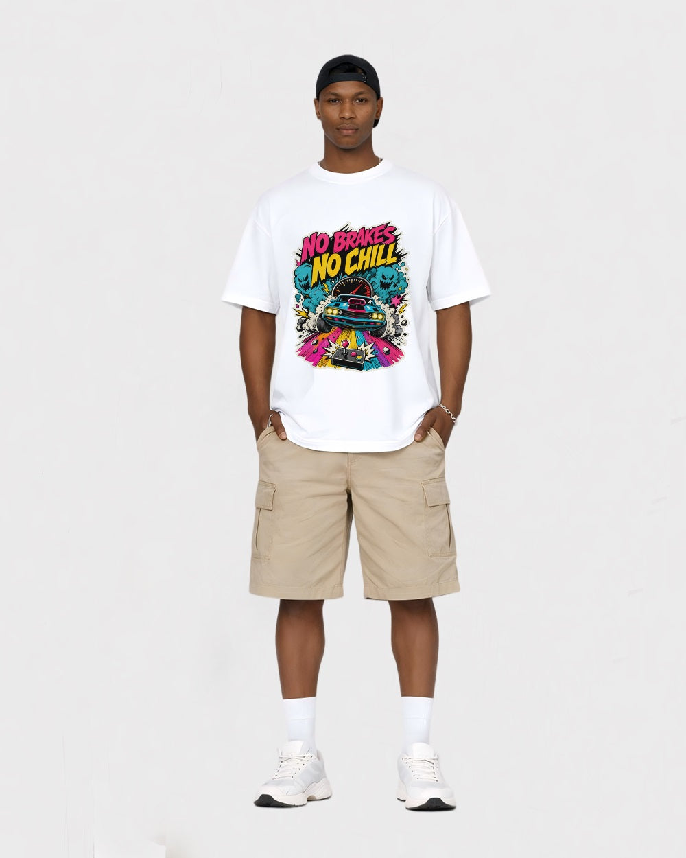 No Brakes No Chill Streetwear Graphic T-Shirt, full body fit view, image 2