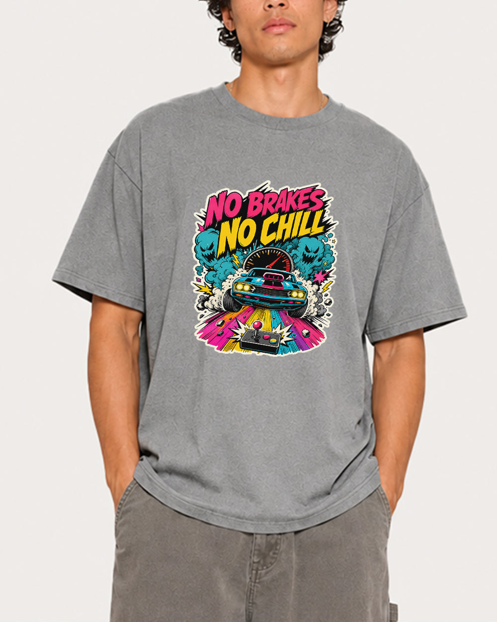 No Brakes No Chill Streetwear Graphic T-Shirt in Gray, front model view 3