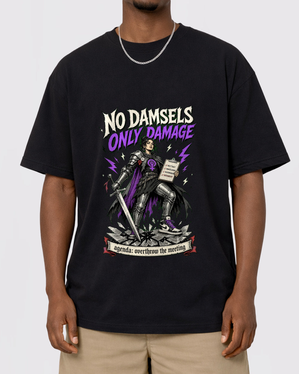 No Damsels Only Damage Dark Graphic T-Shirt, primary front view, image 1