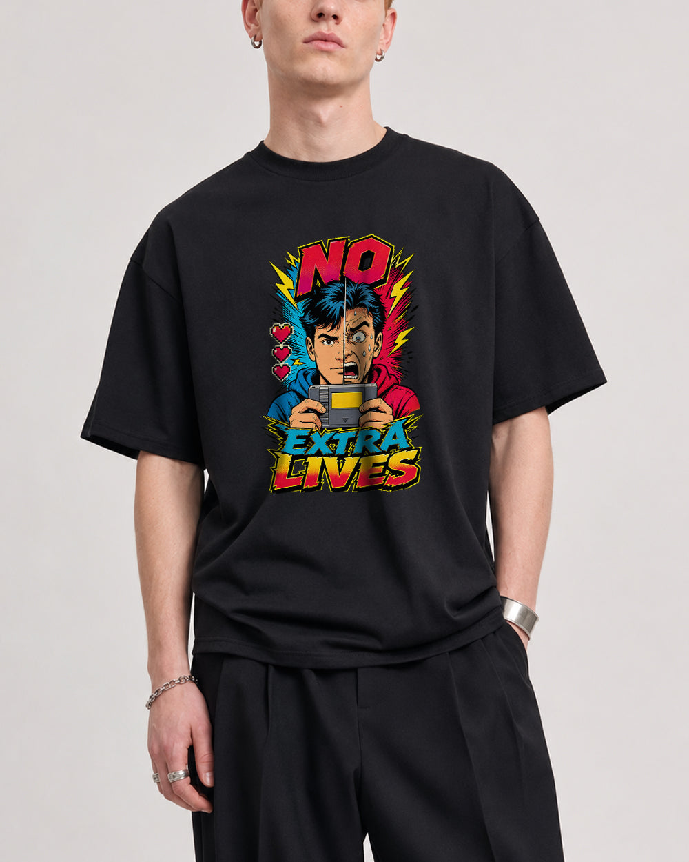 No Extra Lives Retro Graphic T-Shirt in Black, front model view 1