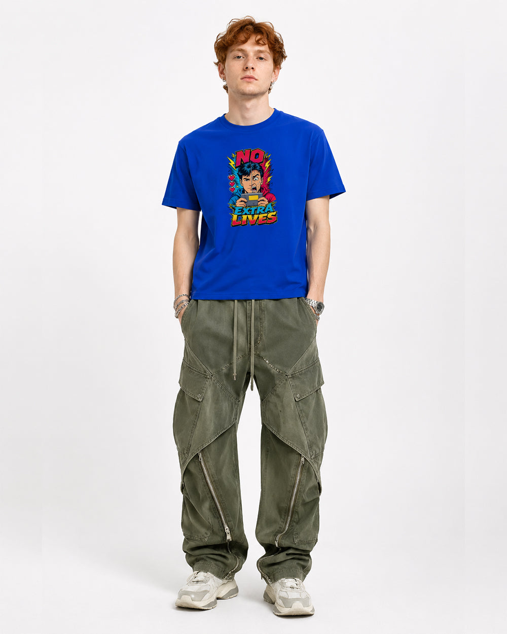 No Extra Lives Retro Graphic T-Shirt in Blue, front model view 5