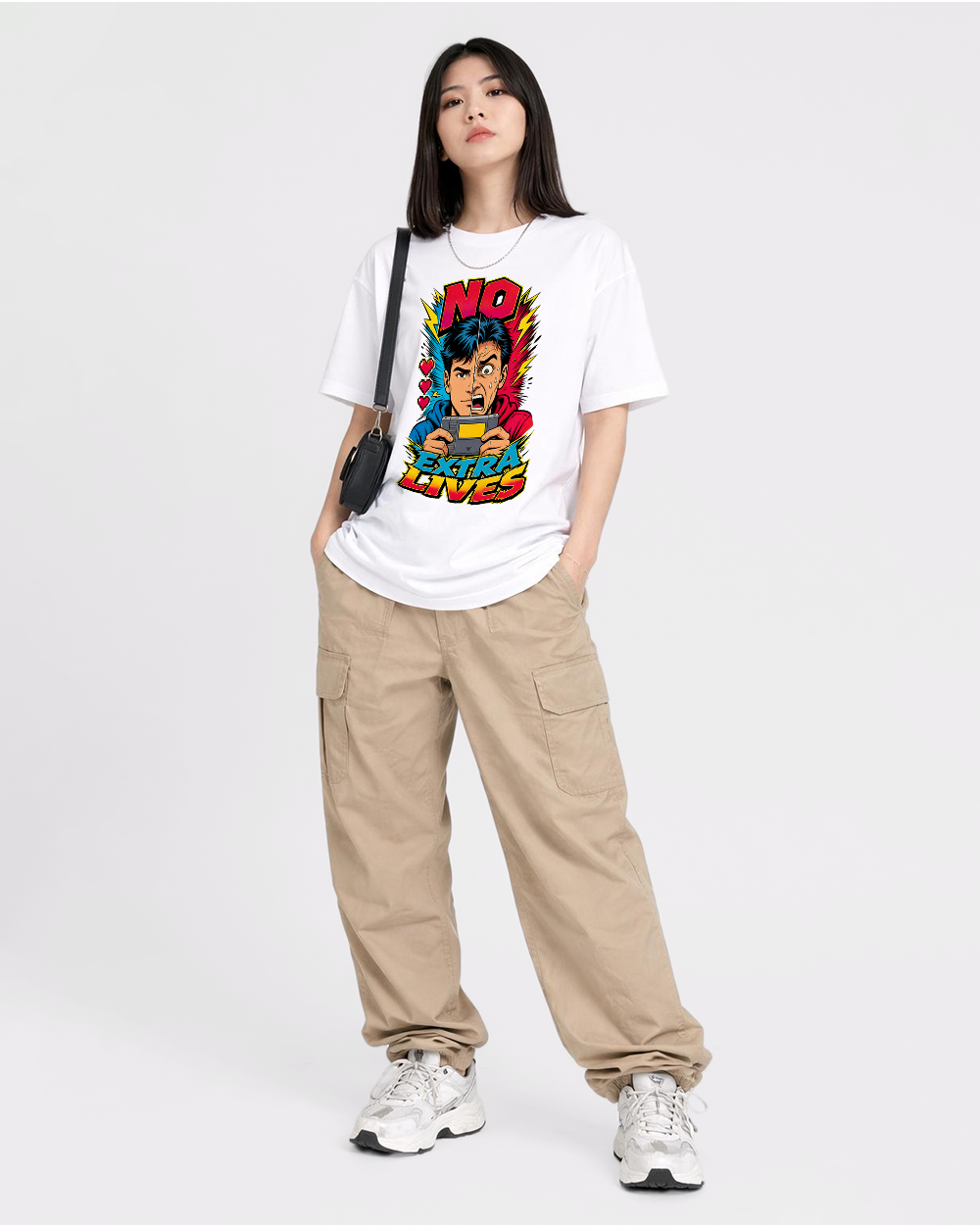 No Extra Lives Retro Graphic T-Shirt, full body fit view, image 2