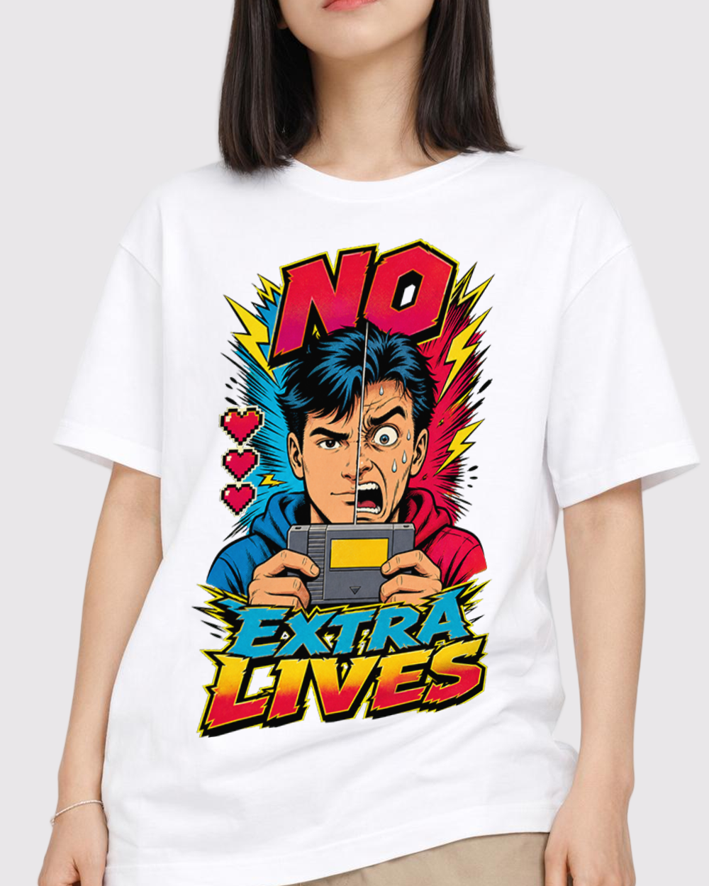 No Extra Lives Retro Graphic T-Shirt, primary front view, image 1