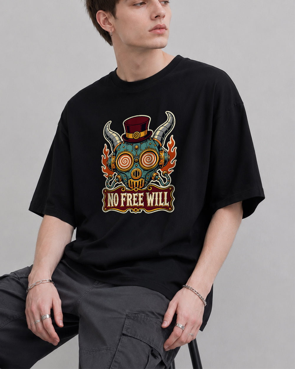 No Free Will Gaming Graphic T-Shirt in Black, front model view 1