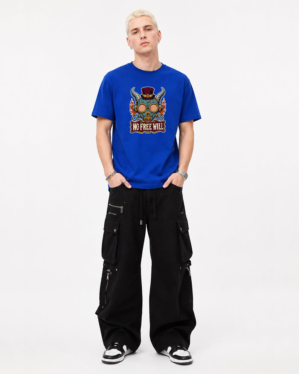 No Free Will Gaming Graphic T-Shirt in Blue, front model view 5
