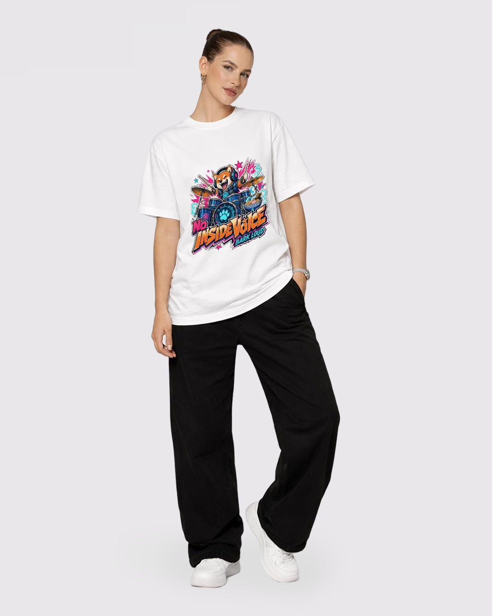 No Inside Voice Streetwear Graphic T-Shirt, full body fit view, image 2