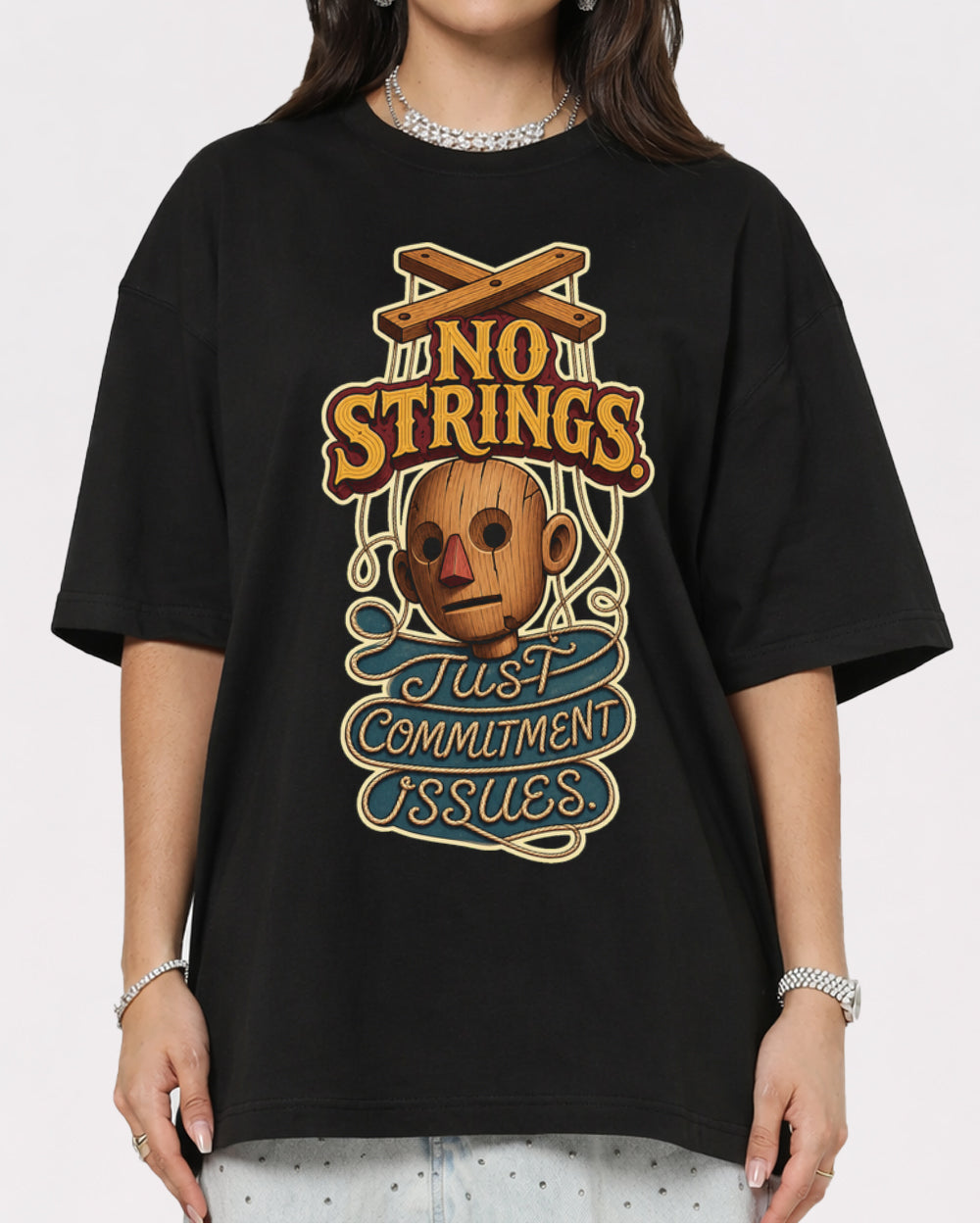 No Strings, Just Commitment Funny Graphic T-Shirt, primary front view, image 1