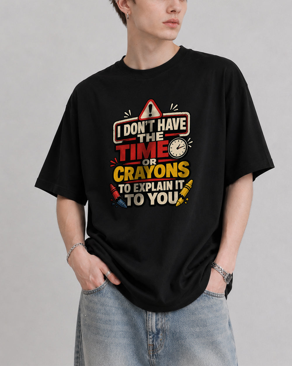 No Time Or Crayons To Explain Pop Culture Graphic T-Shirt in Black, front model view 1