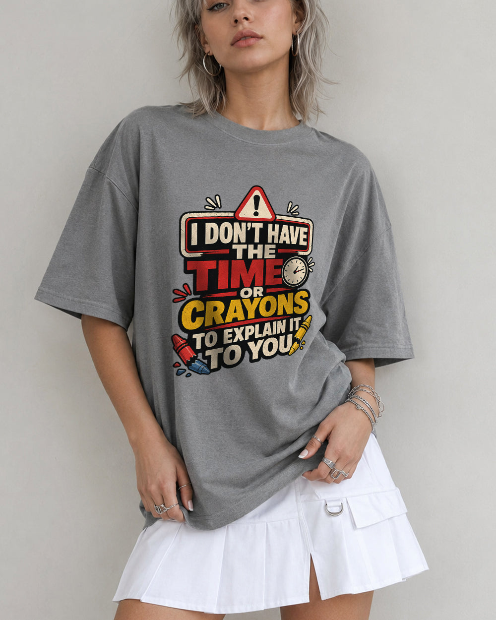 No Time Or Crayons To Explain Pop Culture Graphic T-Shirt in Gray, front model view 3