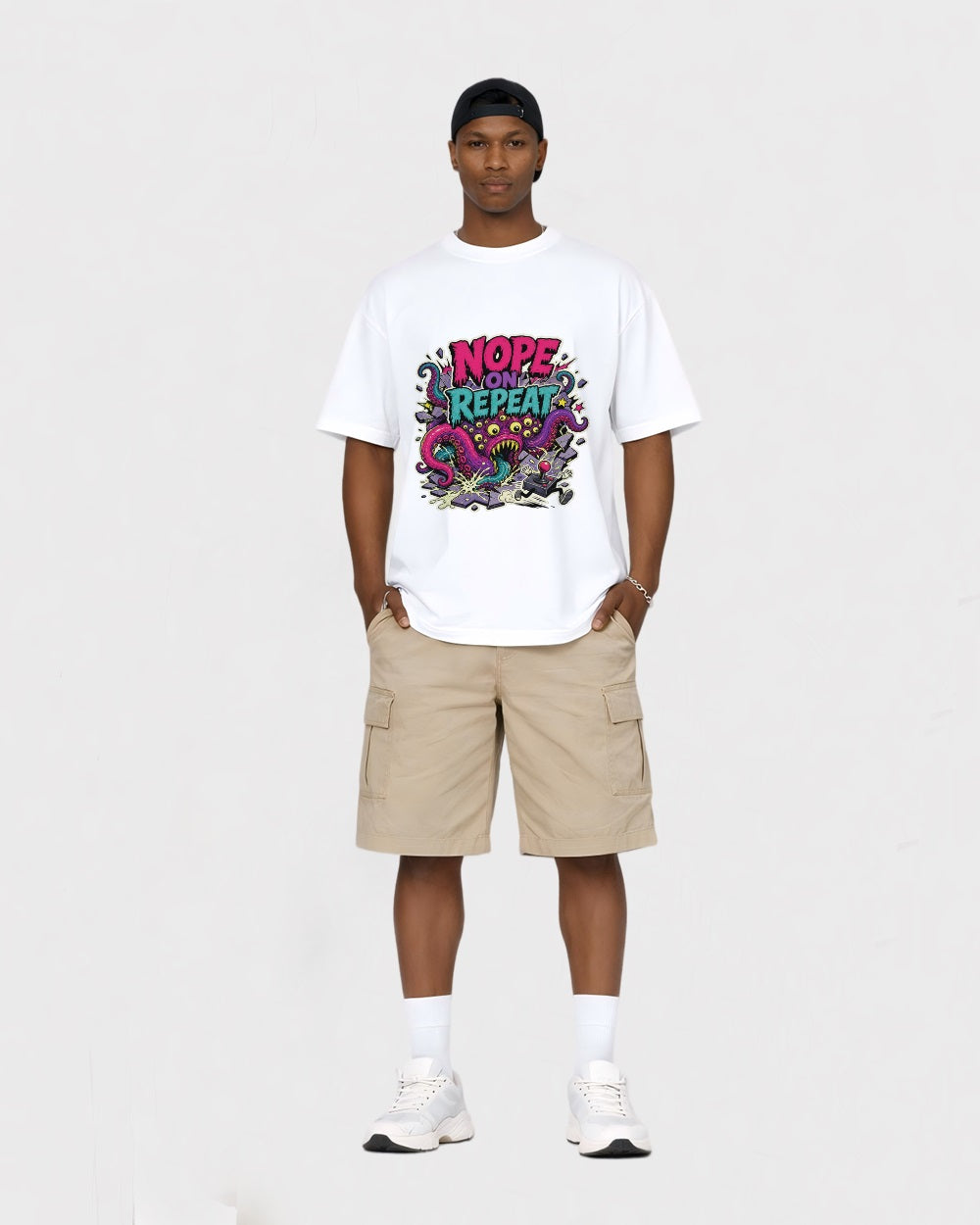 Beige Nope Repeat Gaming Graphic T-Shirt full body fit view 2 image