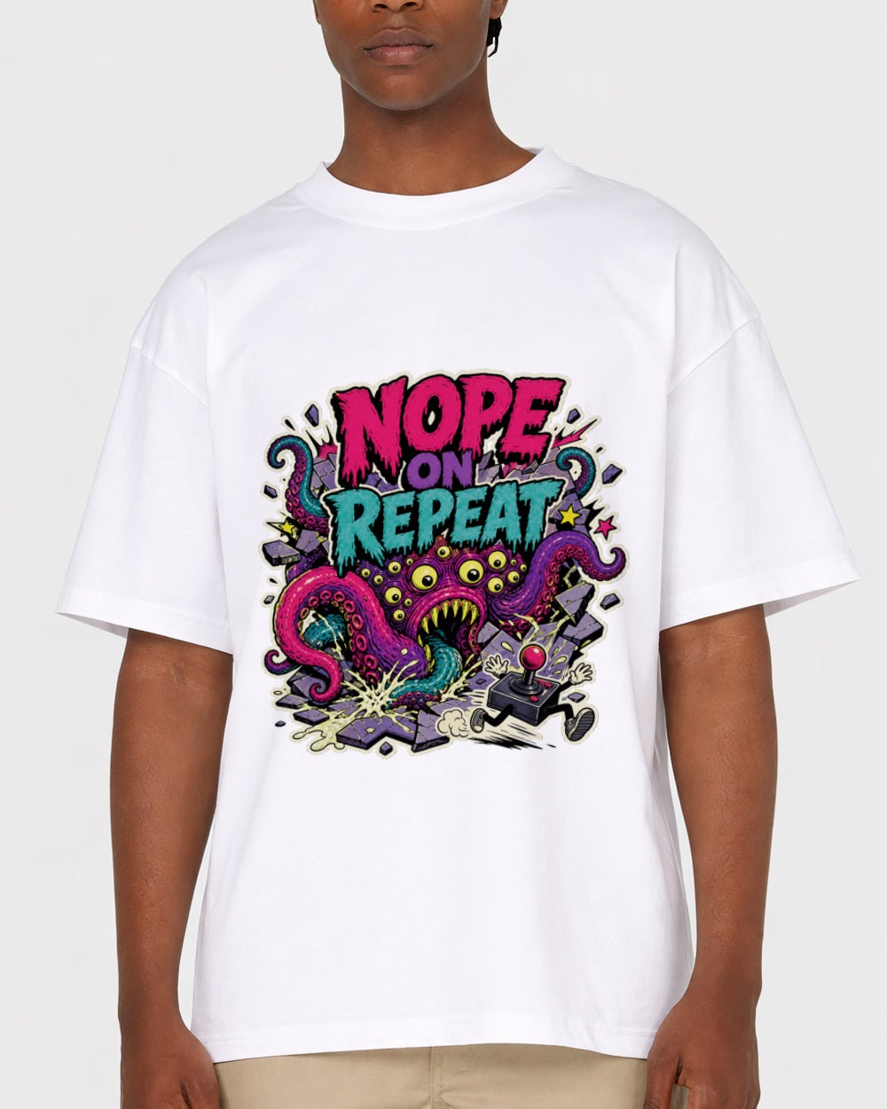 White Nope Repeat Gaming Graphic T-Shirt primary front view 1 image