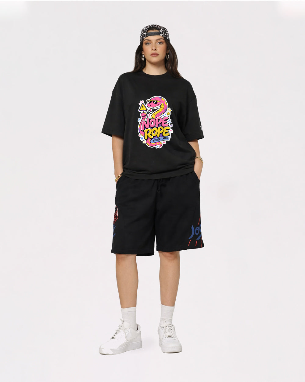Beige Nope Rope Snake Graphic T-Shirt full body fit view 2 image