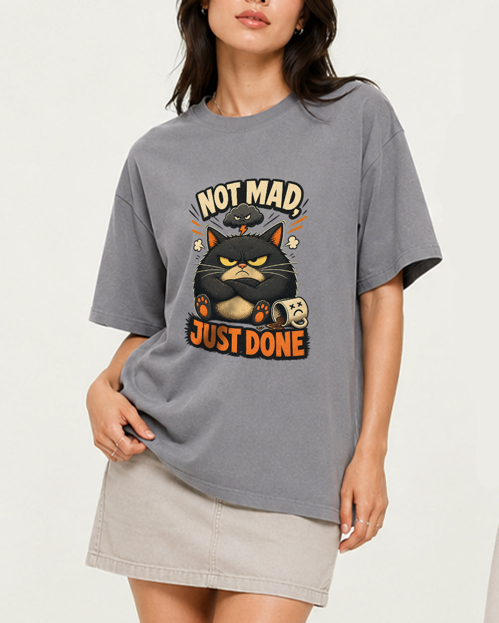 Not Mad, Just Done Retro Graphic T-Shirt in Gray, front model view 3