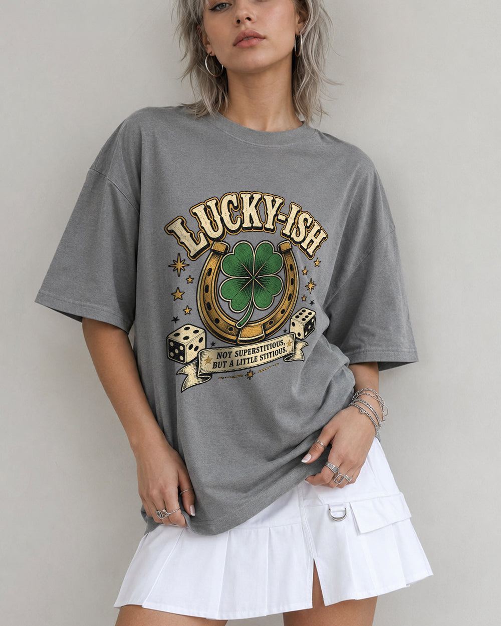 Not Superstitious, Just A Little Stitious Dark Graphic T-Shirt in Gray, front model view 6