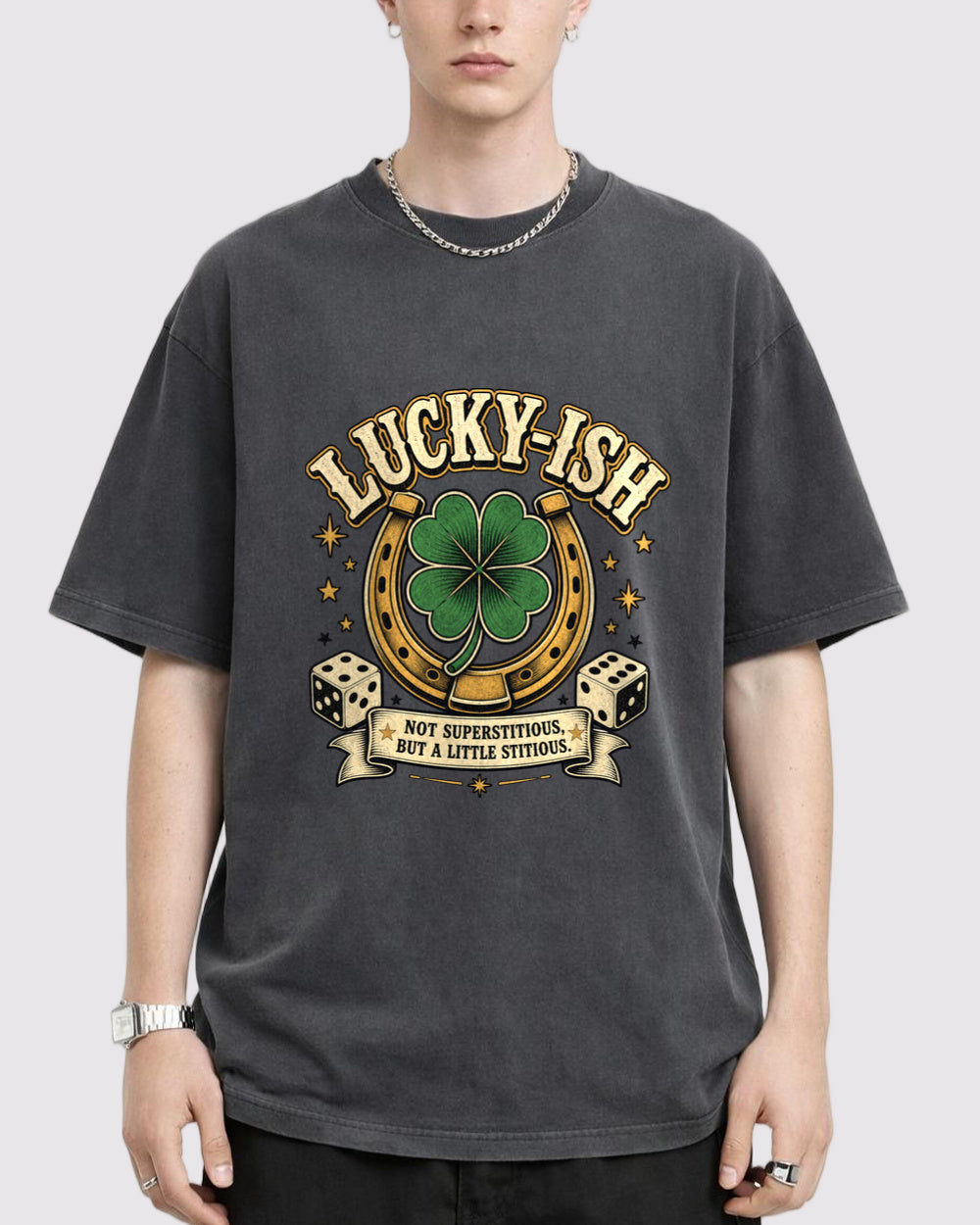 Not Superstitious, Just A Little Stitious Dark Graphic T-Shirt, primary front view, image 1