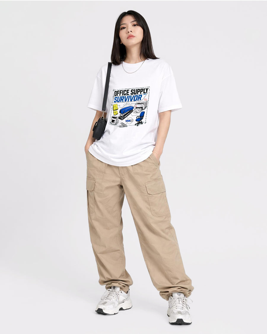Office Supply Survivor Pop Culture Graphic T-Shirt, full body fit view, image 2