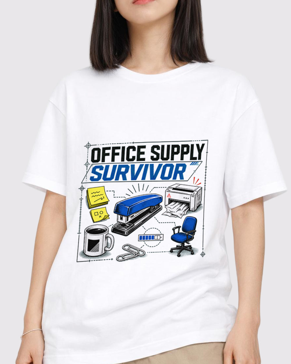 Office Supply Survivor Pop Culture Graphic T-Shirt, primary front view, image 1