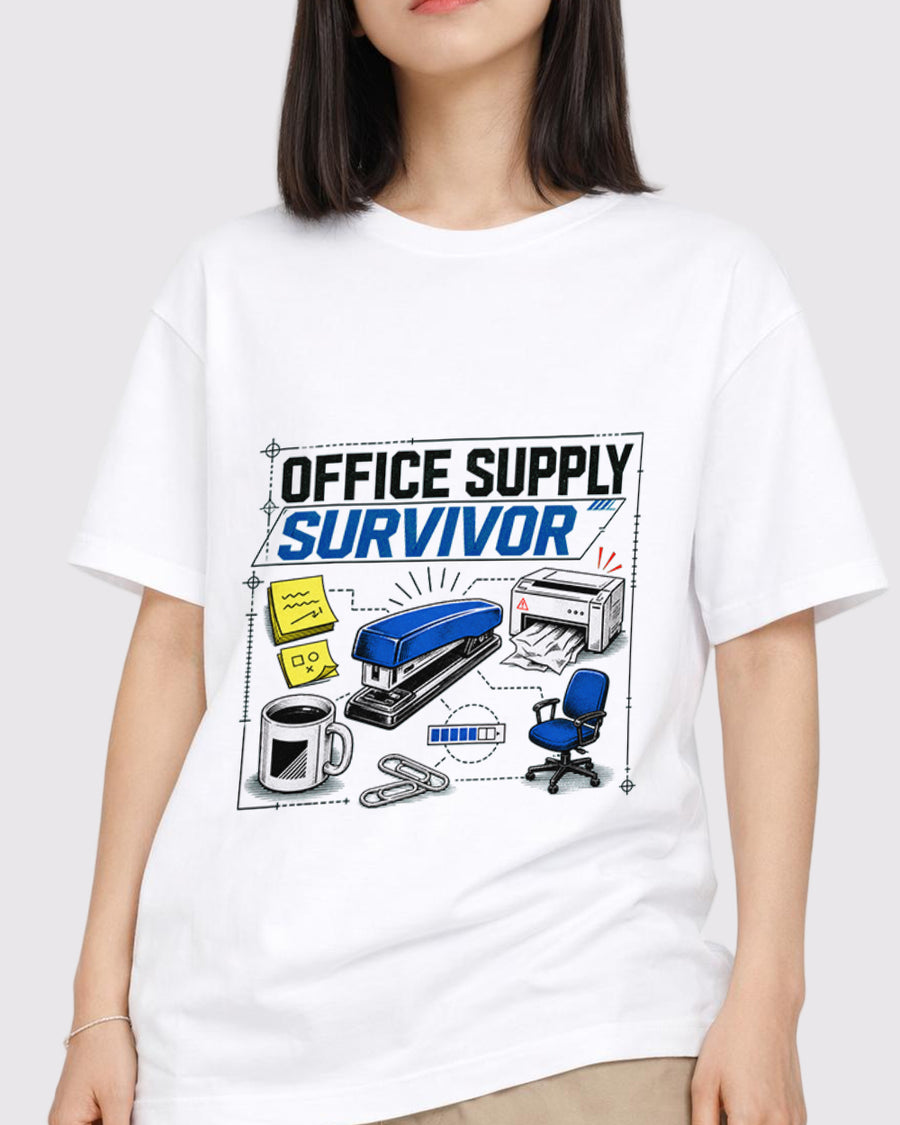 Office Supply Survivor Pop Culture Graphic T-Shirt, primary front view, image 1