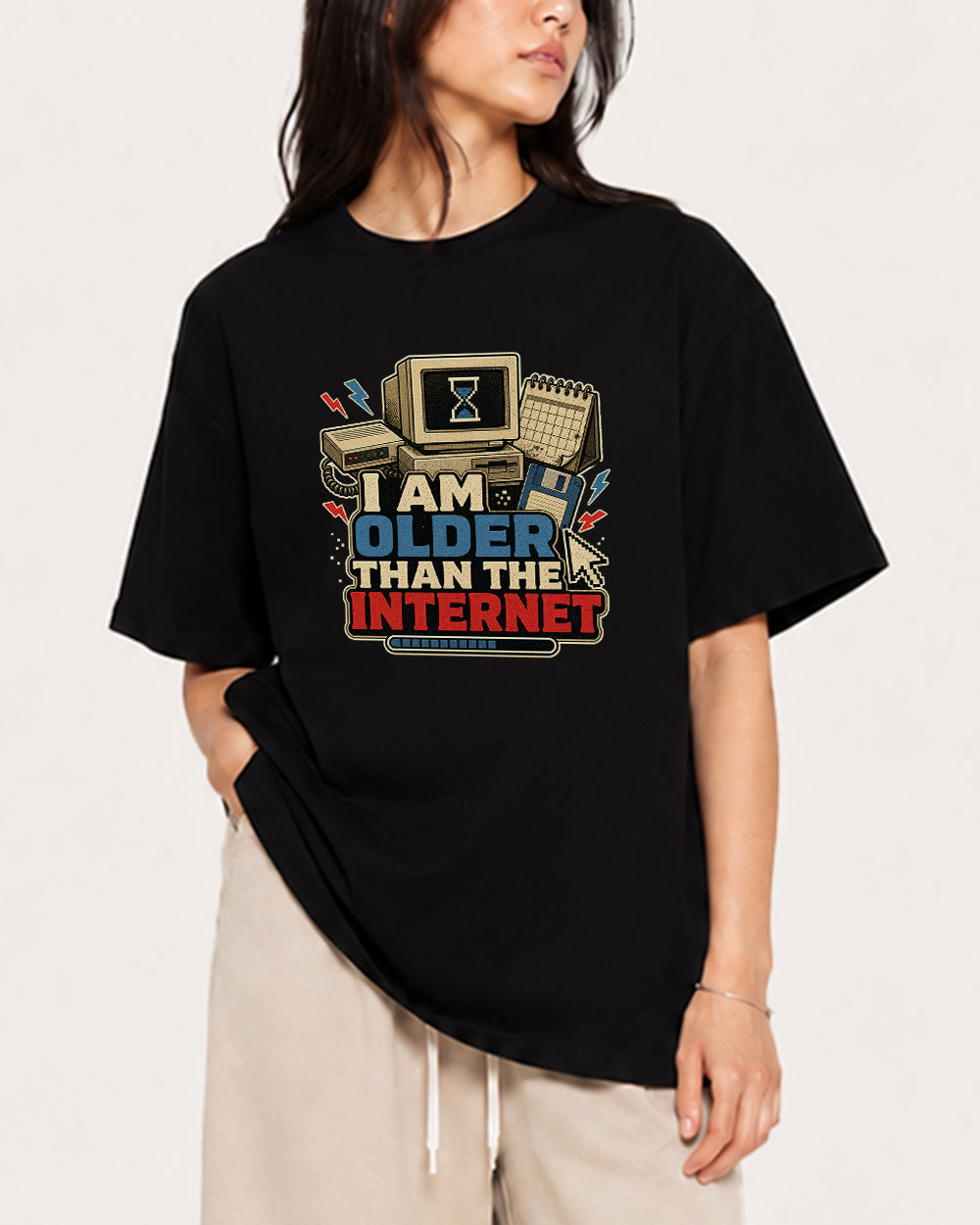 Older Than the Internet Pop Culture Graphic T-Shirt in Black, front model view 1