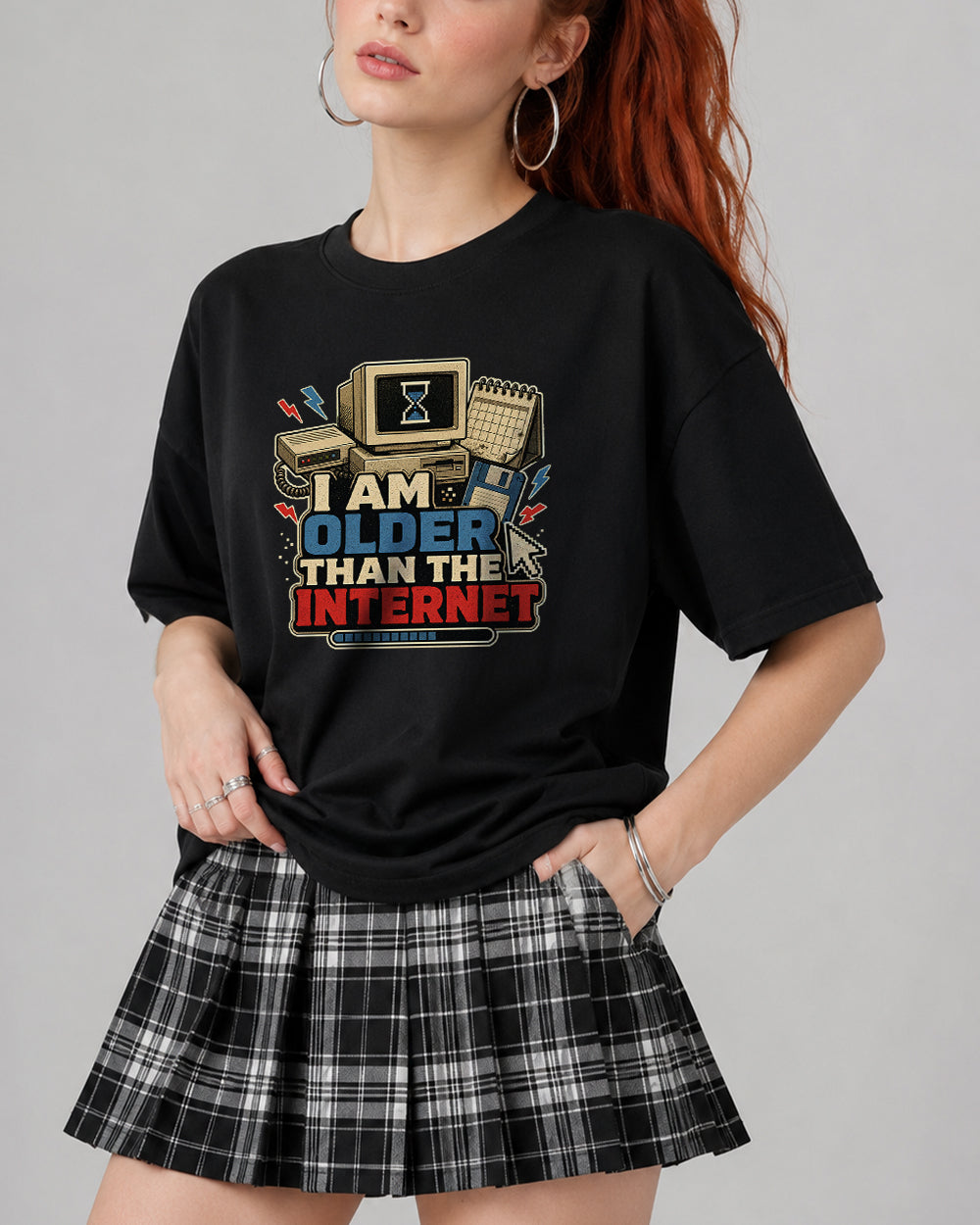 Older Than the Internet Pop Culture Graphic T-Shirt in Black, front model view 2