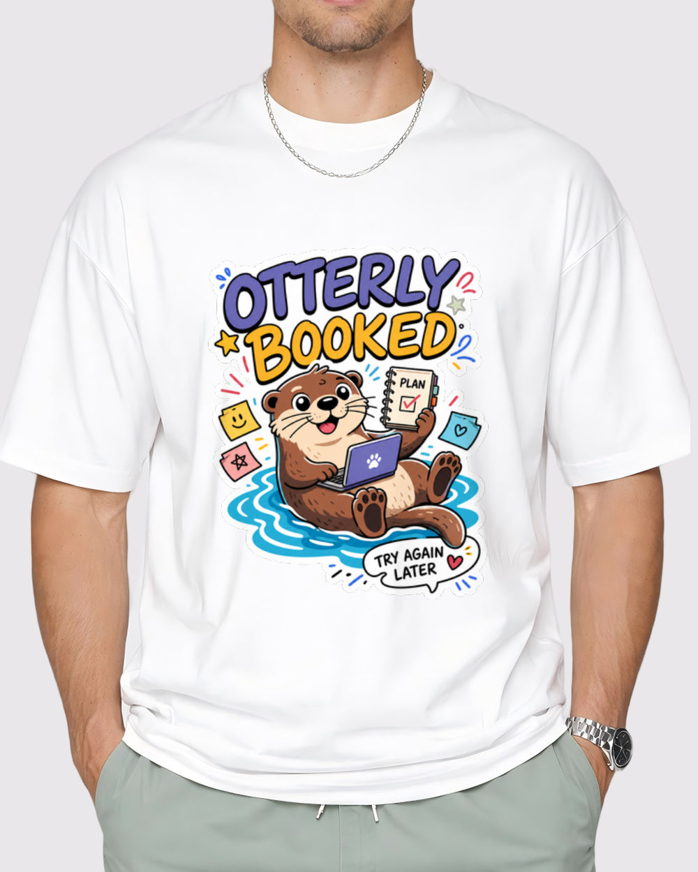 Otterly Booked Busy Otter Graphic T-Shirt in White, front model view